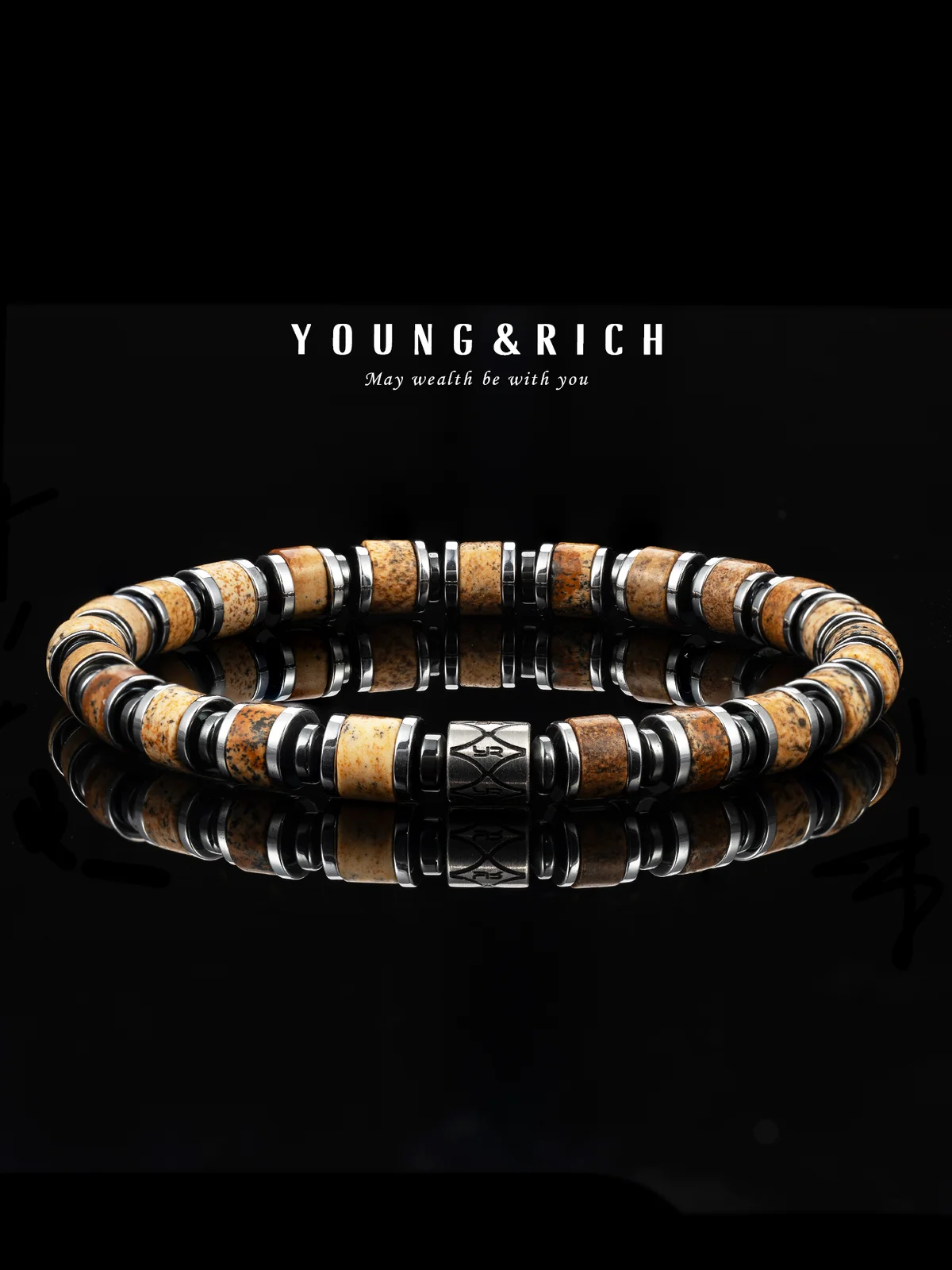 Titanium Steel Quartz Stone Bracelet, Picture Stone Bracelet for Men and Women, Niche Design, High-End Feel, Popular Fashion Accessory 6mm