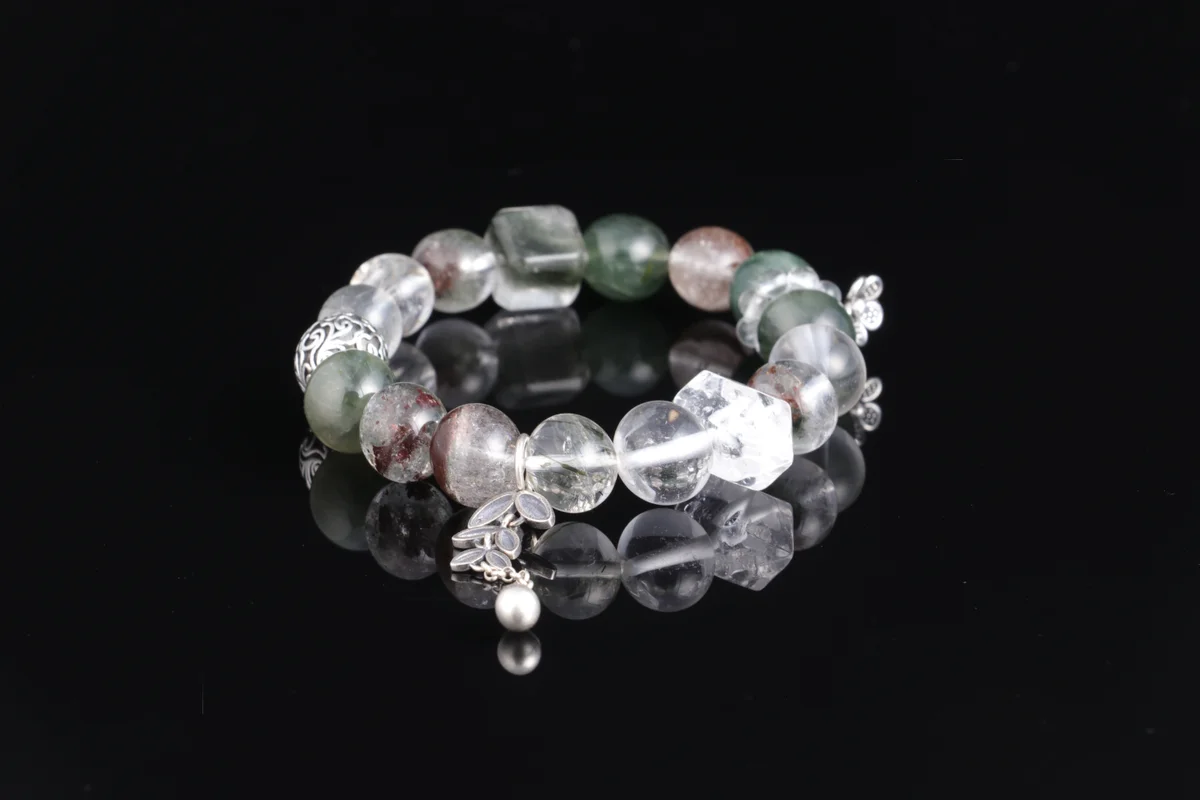 Natural White Crystal Green Phantom Green Tourmaline Bracelet | Customized by Birth Five Elements | Wealth and Career Energy Bracelet