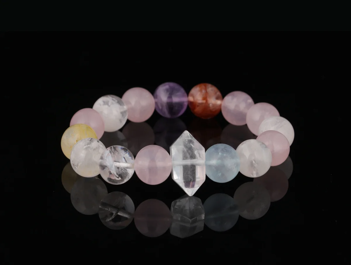 Natural Multigem Crystal Bracelet | Aquamarine Amethyst Red Phantom Quartz Clear Crystal Rose Quartz | Wealth Attraction and Luck Changing Bracelet | Gift or Personal Use