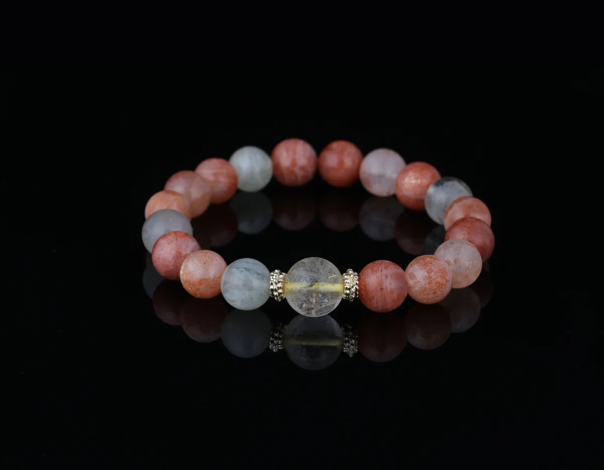 Natural Arucha Moonstone and Rutilated Quartz Bracelet, Customized Birth Energy Strand, Wealth Attracting and Sleep Aid Crystal