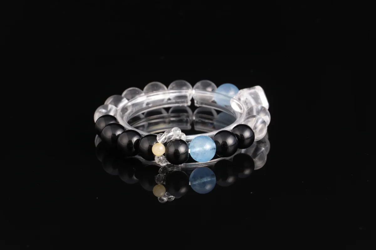 Natural Obsidian, Clear Quartz, and Aquamarine Bracelet | Birth Five Elements Custom Energy Bracelet for Wealth Attraction, Evil Warding, and Luck Enhancement
